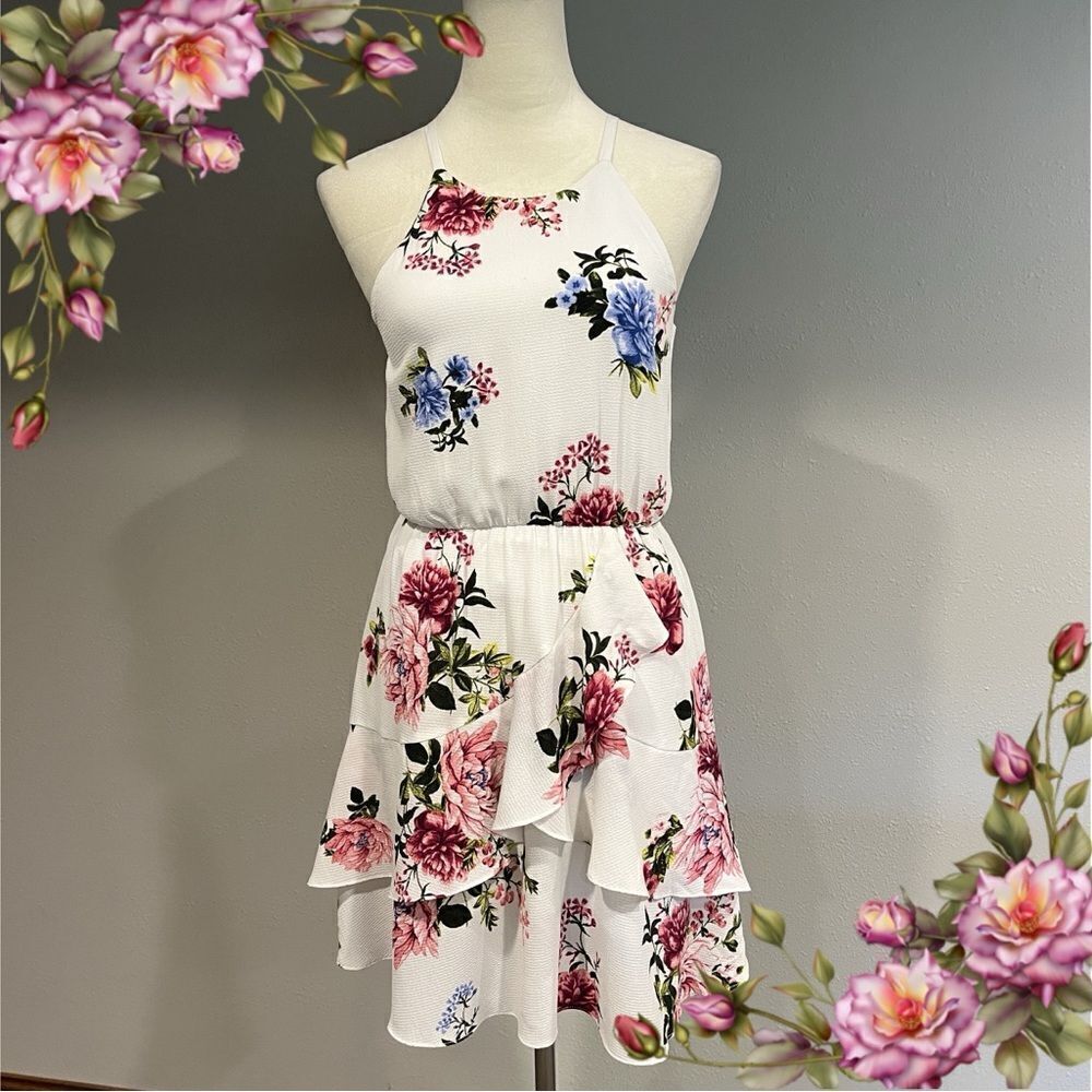 IZ Byer halter sleeveless floral‎ layered ruffled mini dress size S Small